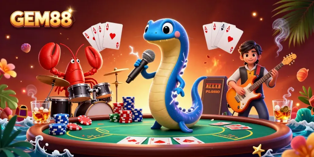 Engage with GEM88's vibrant online casino scene featuring electric eel DJ, lobster drummer, and seahorse guitarist.