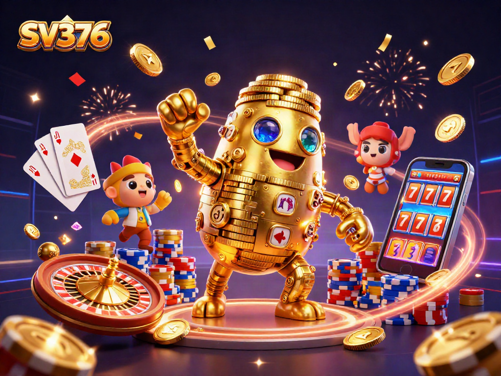 Win big with SV376: a dynamic casino scene featuring golden coins and poker elements.