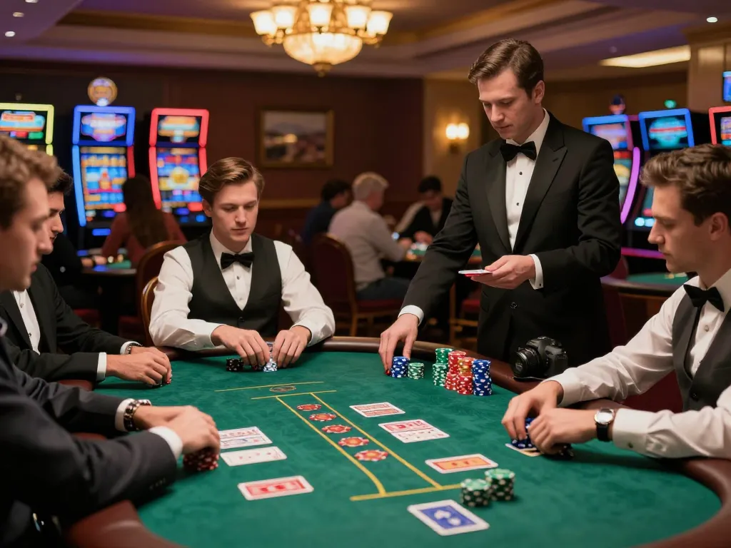 Mainecoasthemp enhances gaming strategies at an upscale poker table with players focused on their cards and chips.