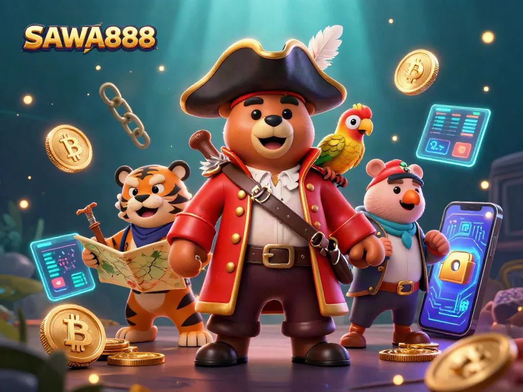 Spin and win with SAWA888 in this vibrant 3D casino adventure featuring crypto coins.