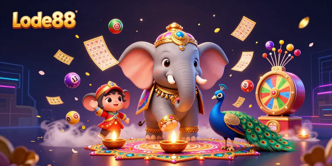 Lode88 gaming scene with a vibrant elephant, lottery elements, and festive decorations