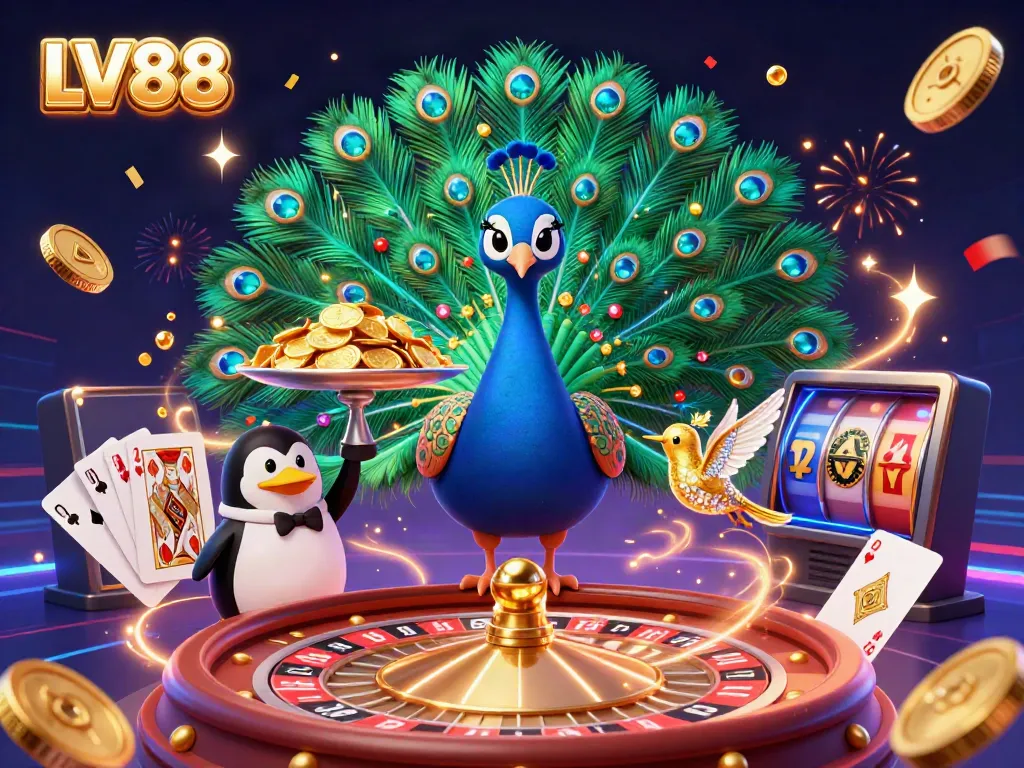 Experience excitement with LV88, featuring a vibrant casino scene as playful characters celebrate winning moments.