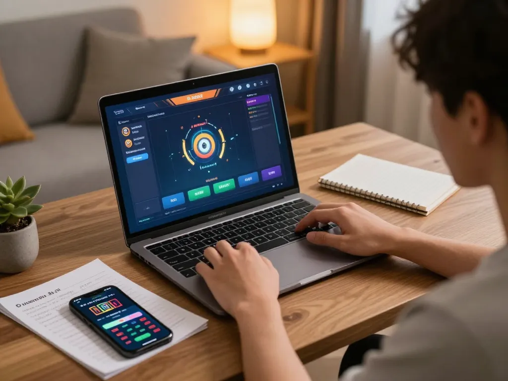 Engaging scene of someone using daftar slot interface on a laptop for online gaming with strategic notes