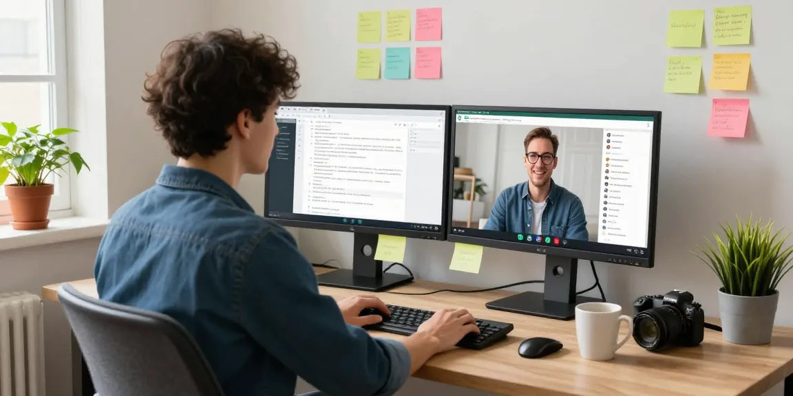 Young professional using WhatsApp電腦版 for video calls in a bright workspace with dual monitors.