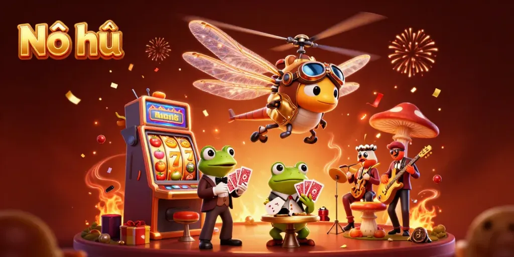 Engage in the excitement of Nổ hũ with a vibrant casino scene filled with animated characters and rich gaming elements.