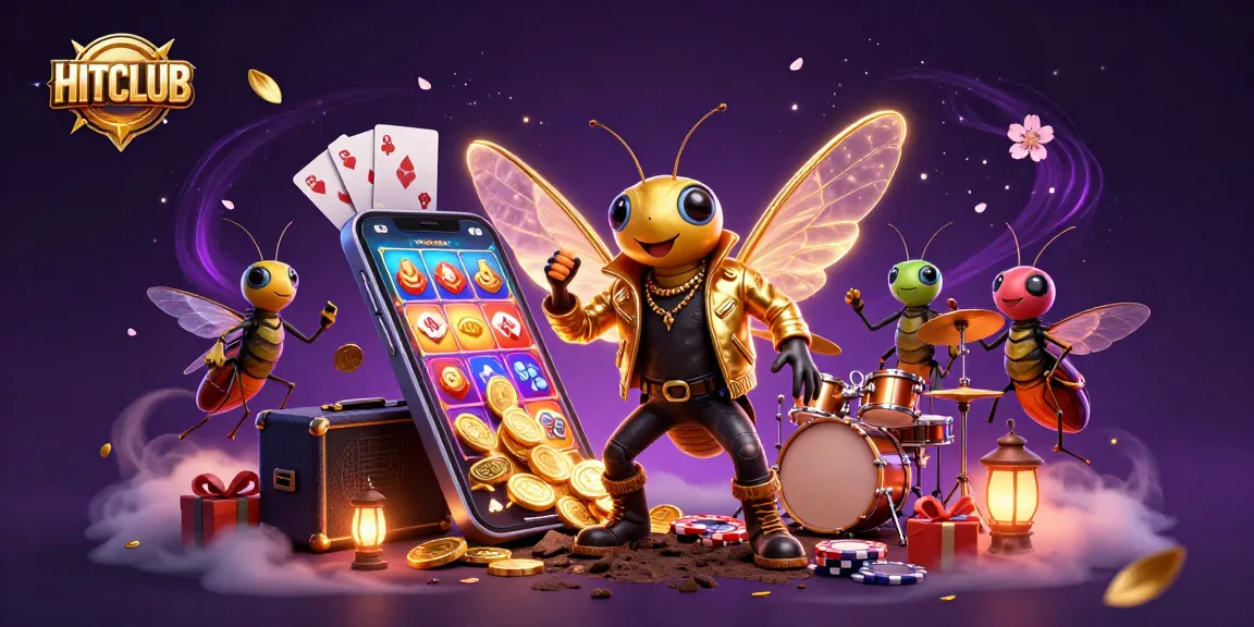 Engage with HITCLUB's vibrant casino atmosphere featuring a rock star cicada and dynamic gaming elements.