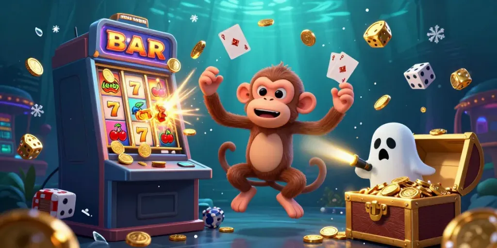 Situated in a haunted casino, a poltergeist monkey juggles golden coins while a ghost-hunter puppy tracks it, promoting situs togel excitement.