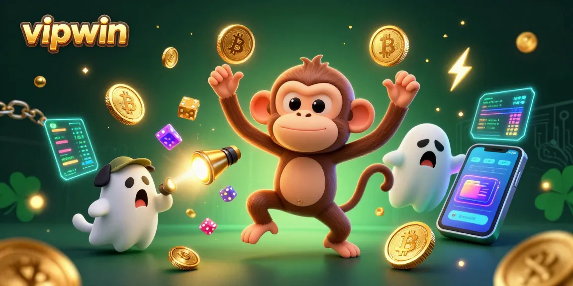 Catch the action at vipwin in this vibrant casino scene featuring a playful monkey and ghost-hunting puppy.