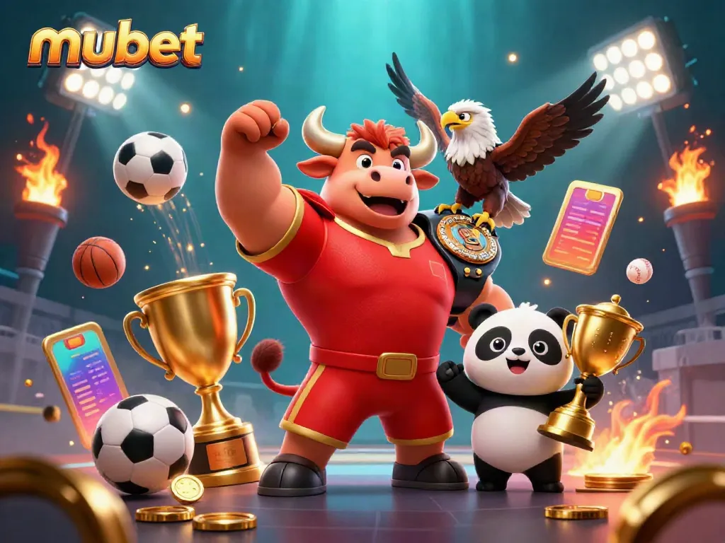Celebrate wins with mubet sports betting, featuring a dynamic scene of mascots and action.