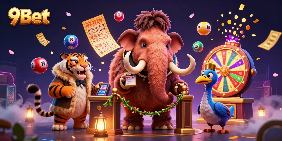 Engage with 9Bet's vibrant casino atmosphere featuring dynamic characters and lottery elements.