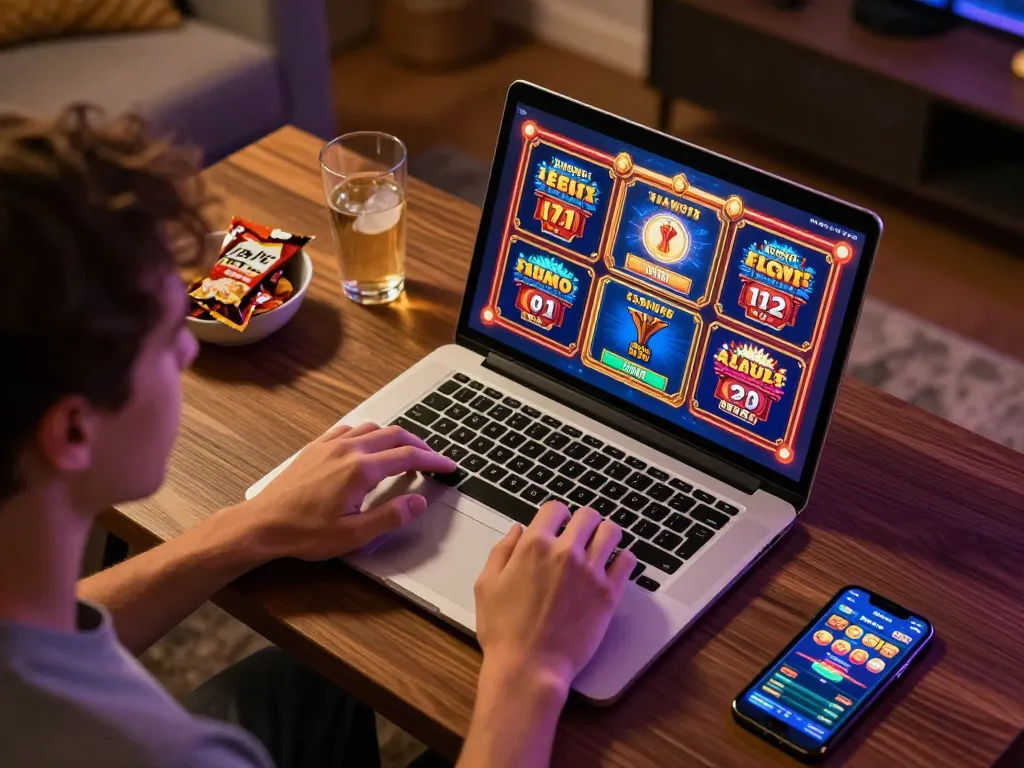 Enjoying online slot luar negeri games on a laptop in a cozy home setup