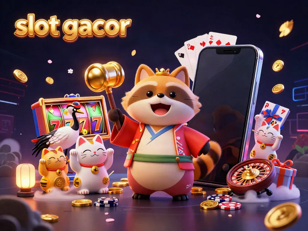 Engaging illustration showcasing a cheerful tanuki and samurai crane promoting slot gacor gameplay.