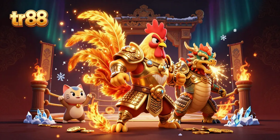 tr88 energetic scene featuring a rooster warrior and dragon hatchling in a casino-themed setting with gold coins and dynamic elements