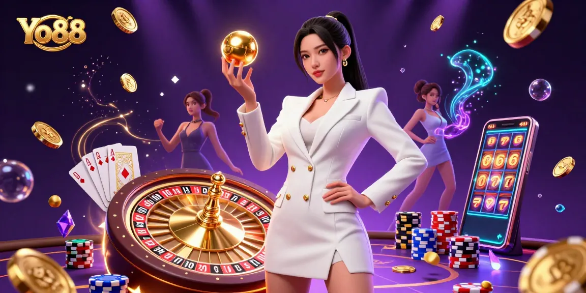 Spin the golden roulette ball at Yo88, featuring a stylish Asian woman poised with casino elements surrounding her.