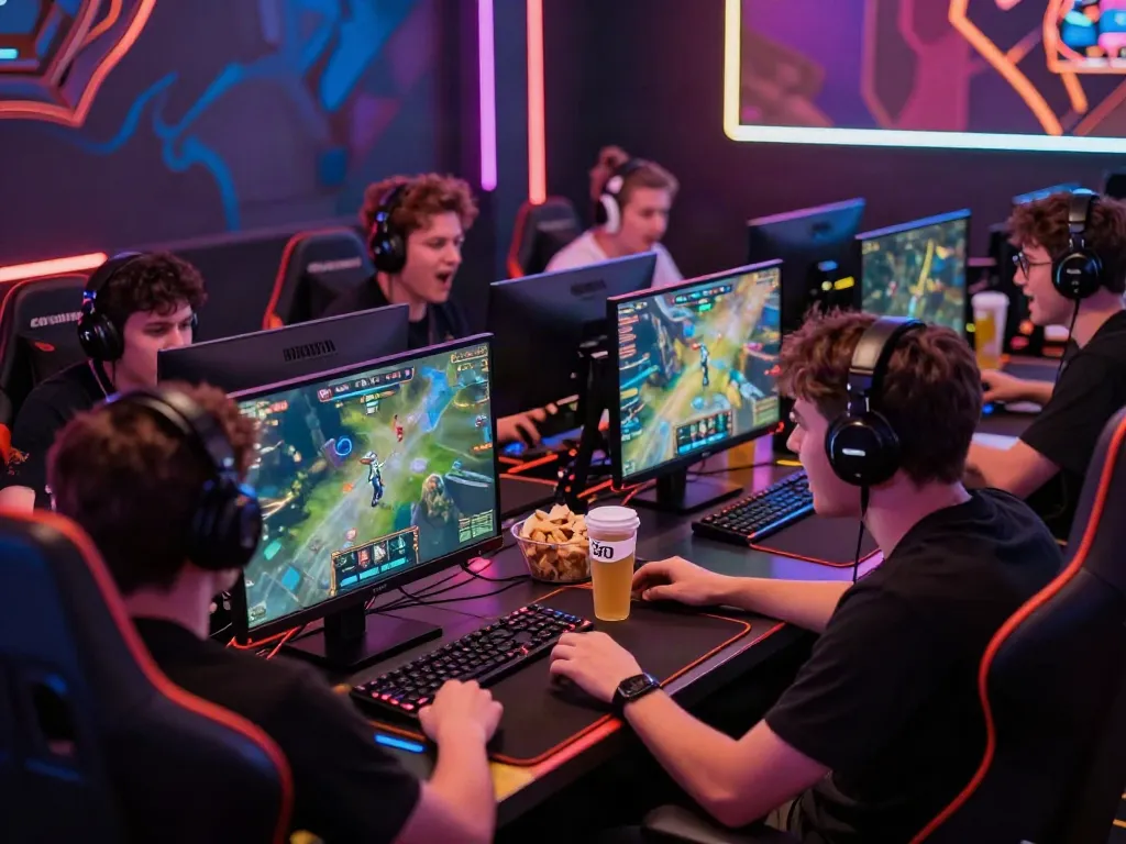 Engaged gamers at FABET enjoying a thrilling esports competition in a vibrant gaming room.