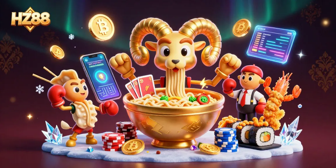 Engage in thrilling games at HZ88 with a vibrant 3D illustration of a golden ramen bowl dealer and characters.