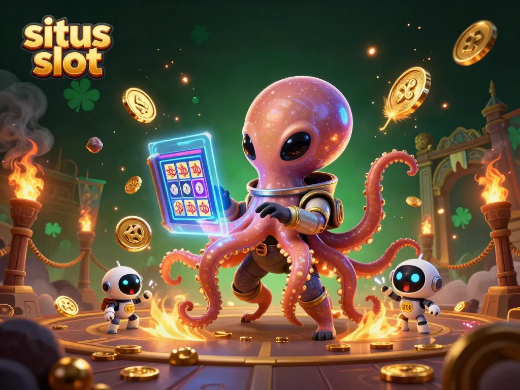 Experience exhilarating gameplay at situs slot with a colorful alien octopus and robot companions at a holographic slot machine.