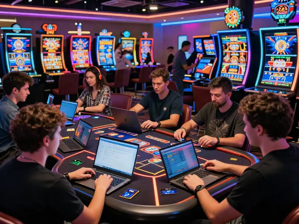 Exciting moment at credit card casino sites with diverse players engaged at gaming stations.