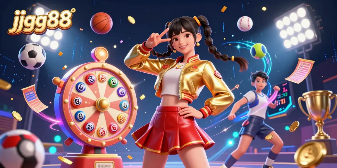 Experience the thrill of jjgg88 with a vibrant and dynamic illustration showcasing a stunning Asian woman celebrating amidst colorful gambling elements.