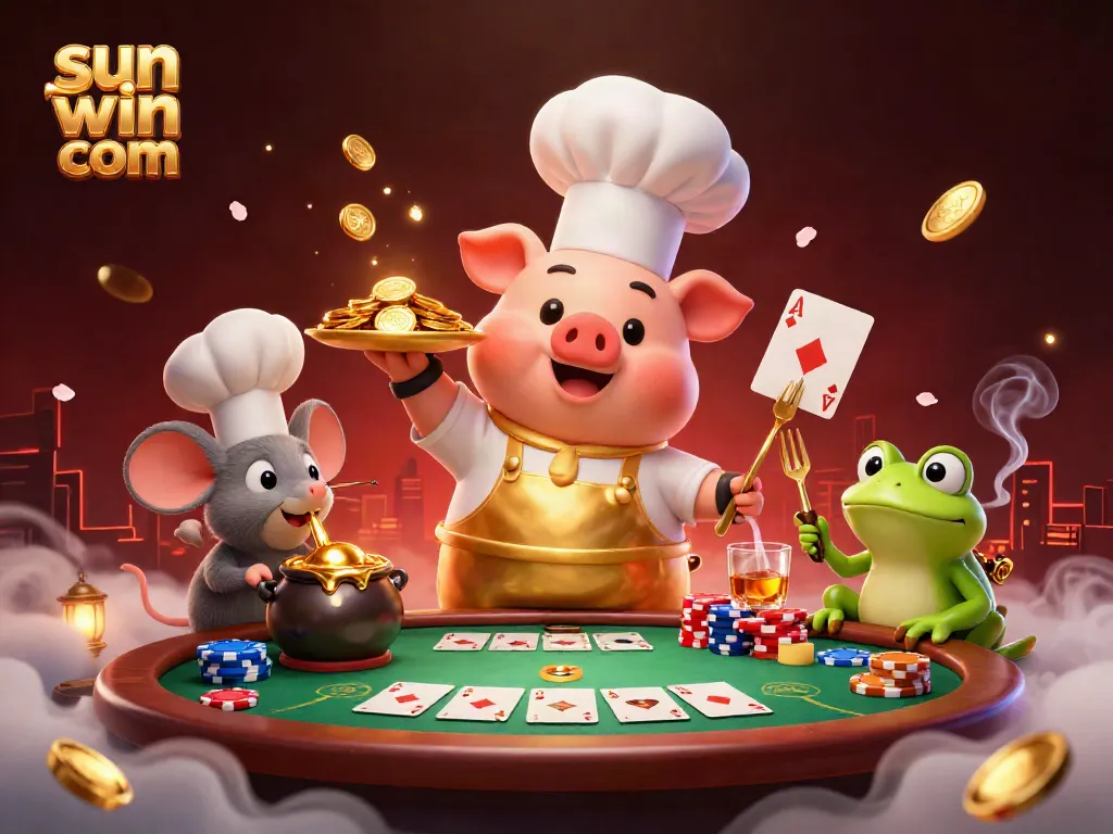 Experience exhilarating gaming with sun win com featuring a vibrant scene of a cooking pig serving gold coins at a casino table.