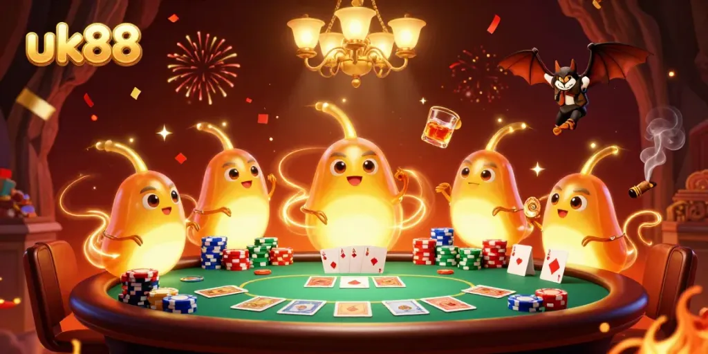 Experience the thrill of uk88 with a vibrant, illuminated cave casino scene featuring playful glowworms.