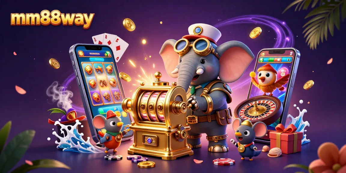 Experience thrilling action with mm88way as a steampunk elephant operates a golden slot machine amidst dynamic casino elements.