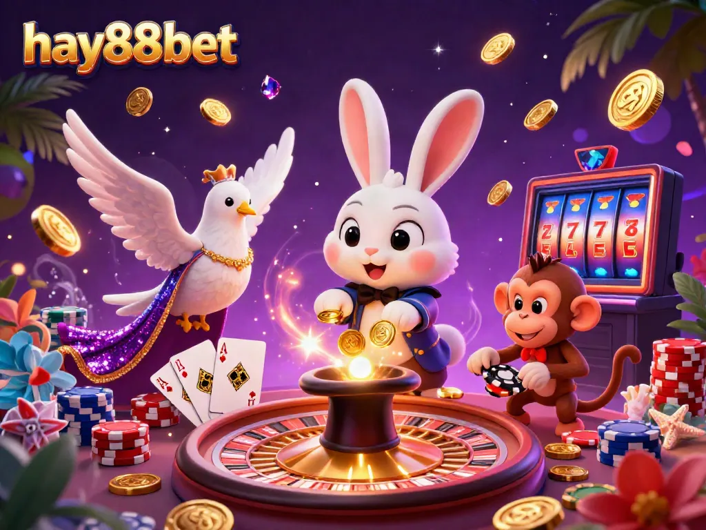 Experience the thrill of gambling with hay88bet's 3D casino illustration featuring a magician rabbit pulling in coins amidst dazzling game elements.