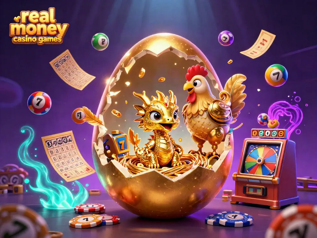 Experience thrilling real money casino games with a golden dragon amid vibrant gaming symbols.