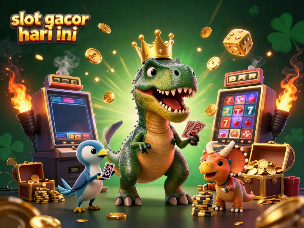 Engaging illustration of slot gacor hari ini showcasing a T-Rex, pterodactyl, and triceratops immersed in vibrant casino elements.