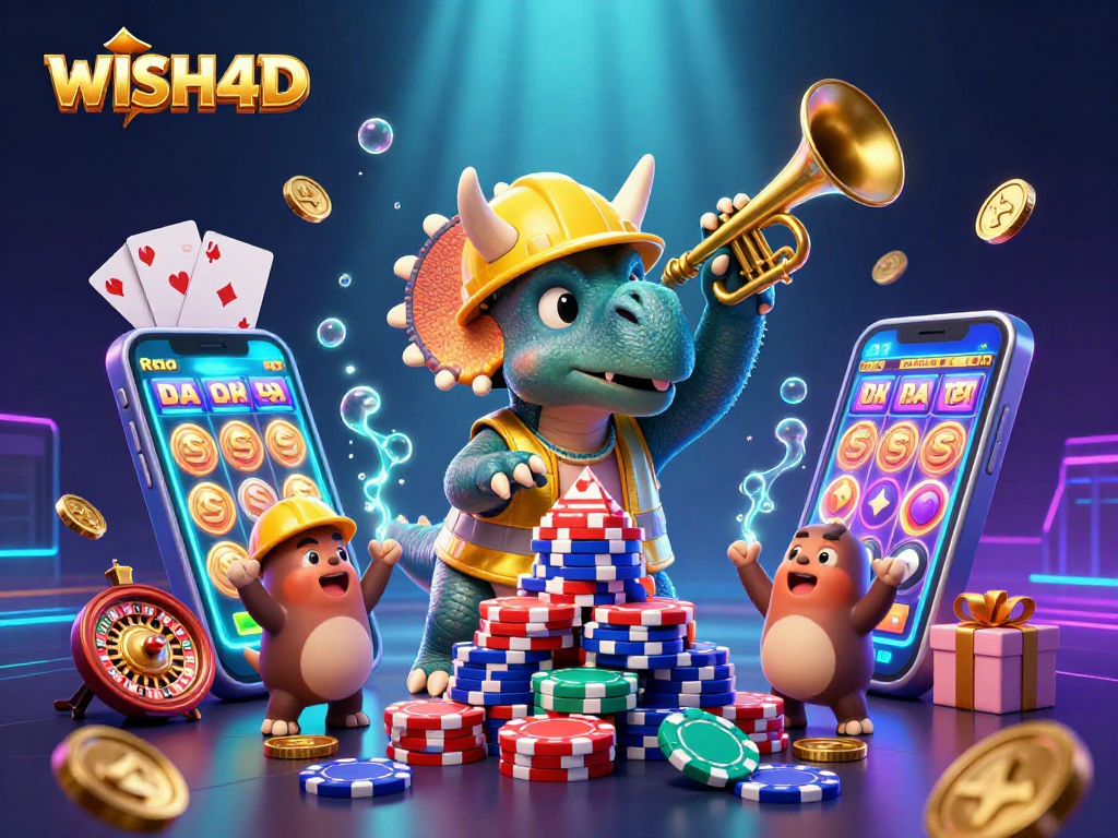 Join the excitement at WISH4D, where a triumphant triceratops and friends celebrate fabulous casino rewards!