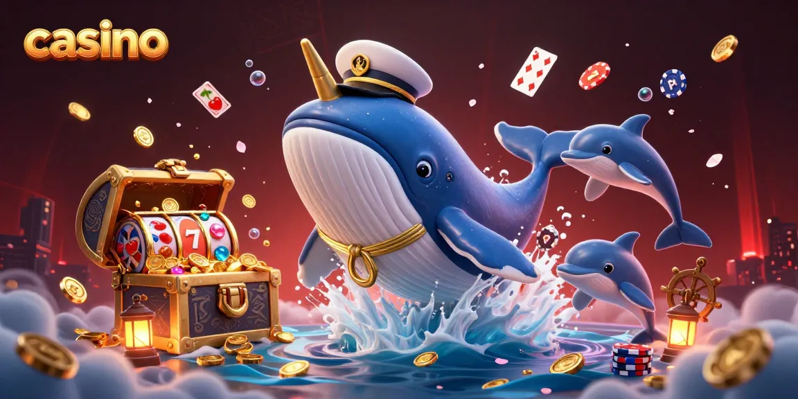 Experience the thrill of casino gaming with a whimsical whale and playful dolphins amidst vibrant slot reels.