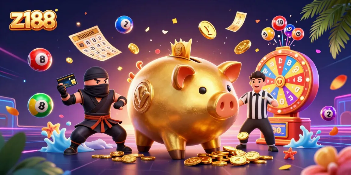 Win big at z188 with a dynamic casino scene featuring a golden piggy bank sumo wrestler and colorful game elements.