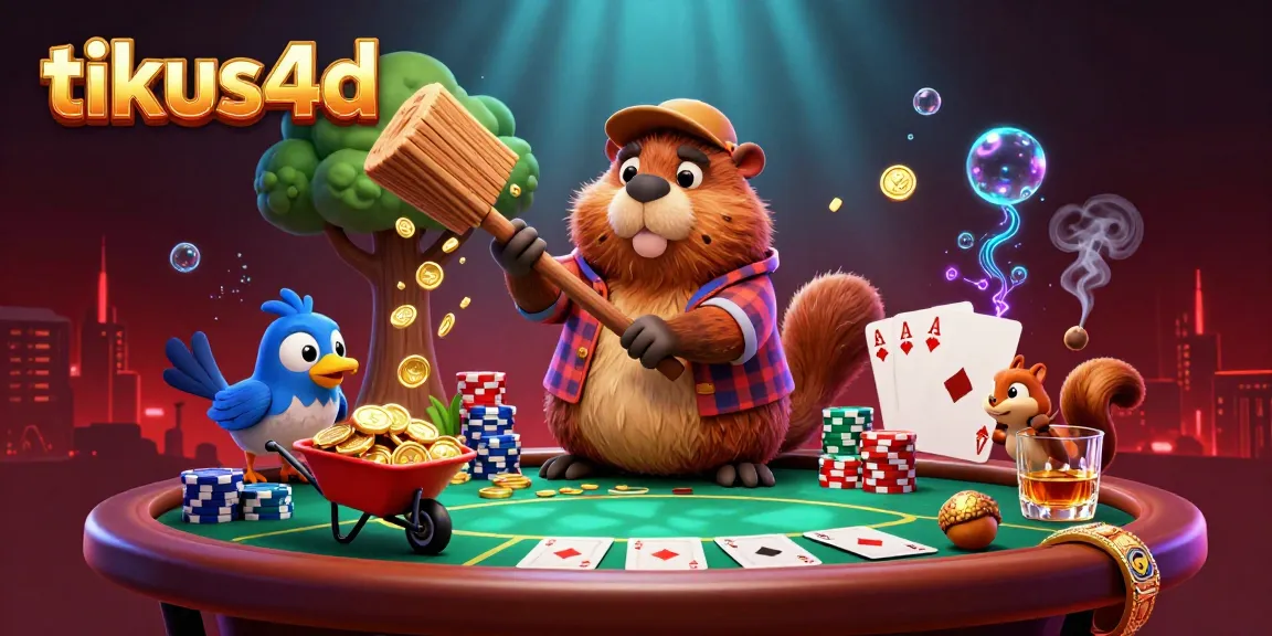 Engage with tikus4d’s thrilling scene of a cartoon beaver amidst golden coins at a dynamic gambling table.