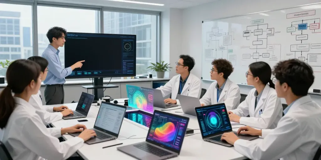 Collaboration in an enterprise AI lab showcasing diverse professionals discussing data-driven strategies and models.