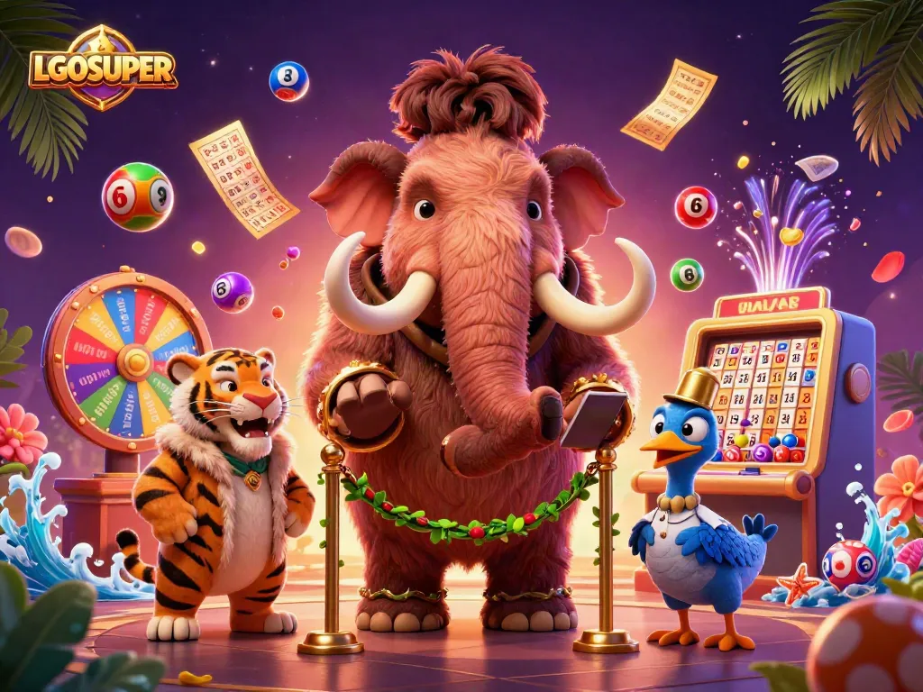 Engage with LGOSUPER in a vibrant casino scene with colorful lottery elements and mascot characters.