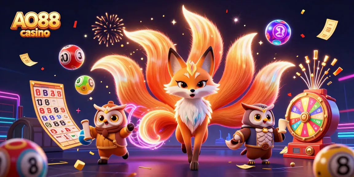 Experience the excitement of AO88 casino with vibrant illustrations of games and characters ready to entertain!