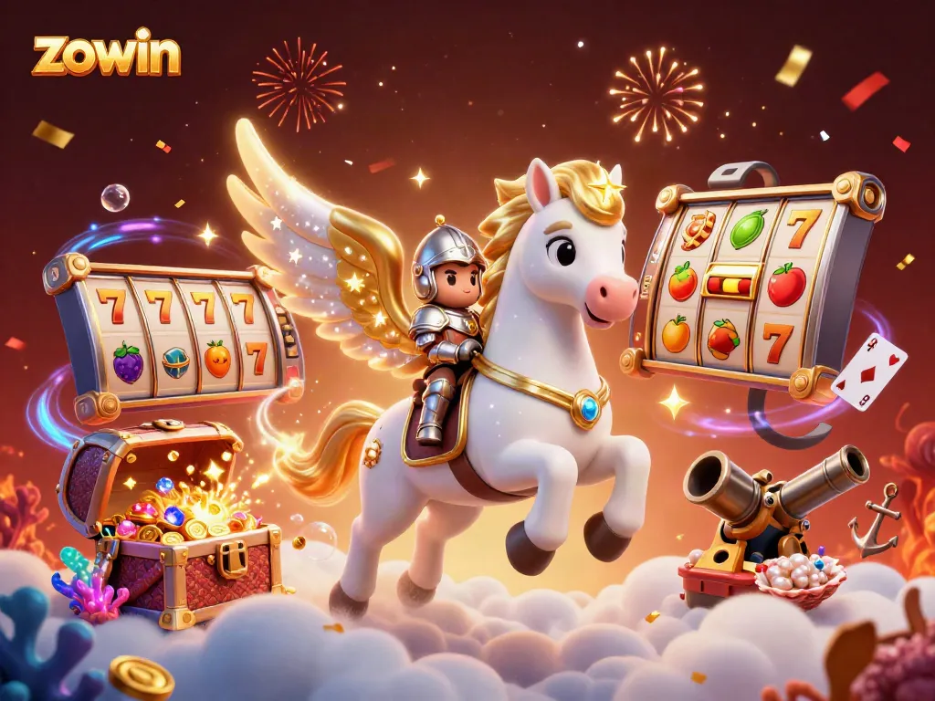 Zowin offers thrilling slots gameplay with vibrant golden coins and dynamic visuals in a vibrant casino scene.