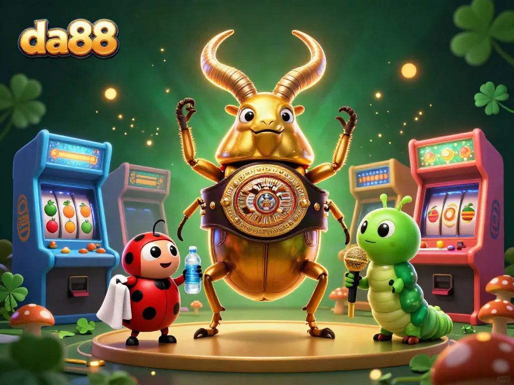Experience excitement with da88 as the giant golden stag beetle challenges its opponents in this vibrant casino-themed scene.