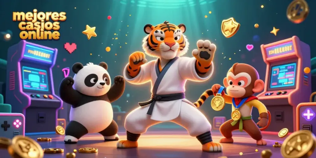 Explora los mejores casinos online con el tigre maestro y su panda discípulo en una emocionante ilustración.