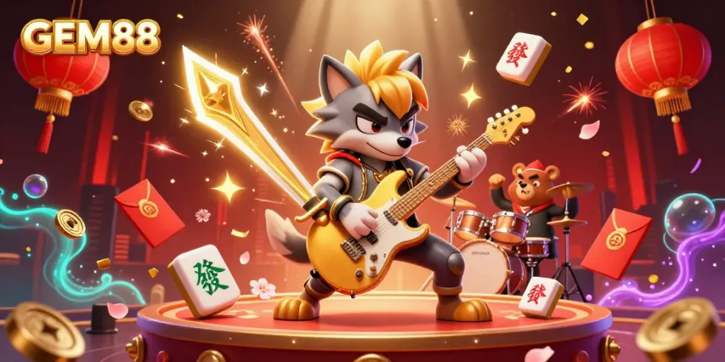 Experience thrilling gaming action at GEM88 with vibrant casino-themed characters, electric guitar heroics, and dynamic visual elements.