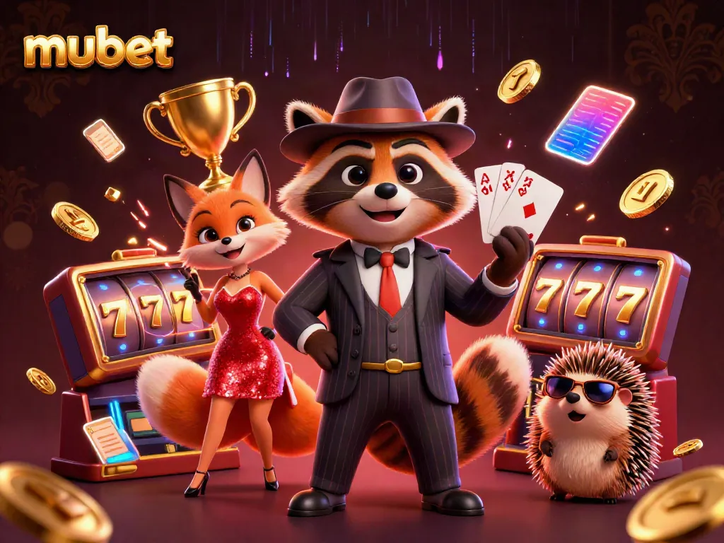 Join the excitement at mubet with a suave raccoon, fox, and hedgehog in a vibrant 3D casino scene.