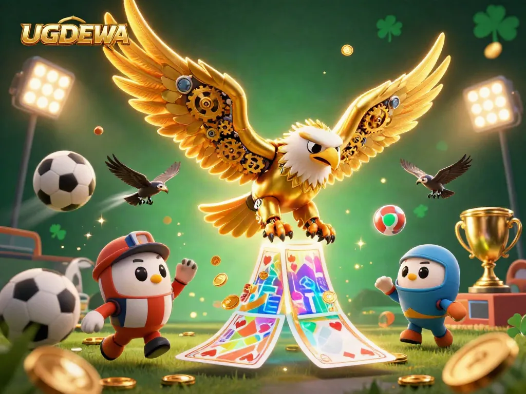 Engage with UGDEWA's spectacular casino world featuring a cybernetic eagle amidst dynamic gaming elements.