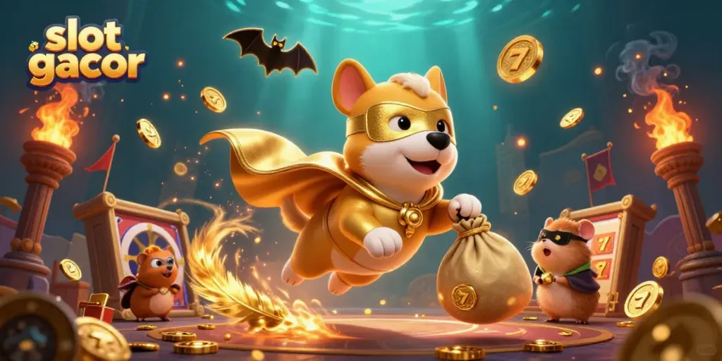Experience thrilling action with slot gacor featuring a superhero dog and treasures in a vibrant casino scene.
