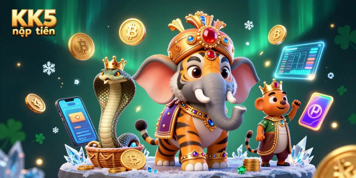 Engage in KK5 nạp tiền, featuring a vibrant 3D scene with charming characters and cryptocurrencies, perfect for gamblers.