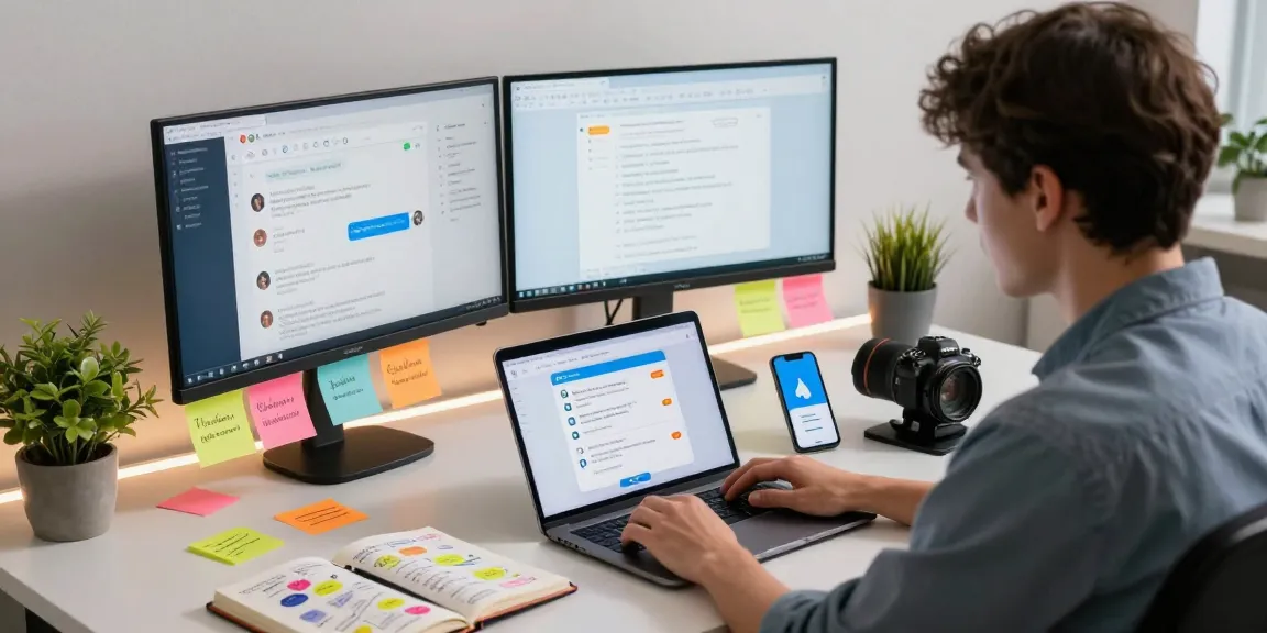Efficient workspace showcasing Telegram Download on laptop with colorful notes and engaging tech vibe.