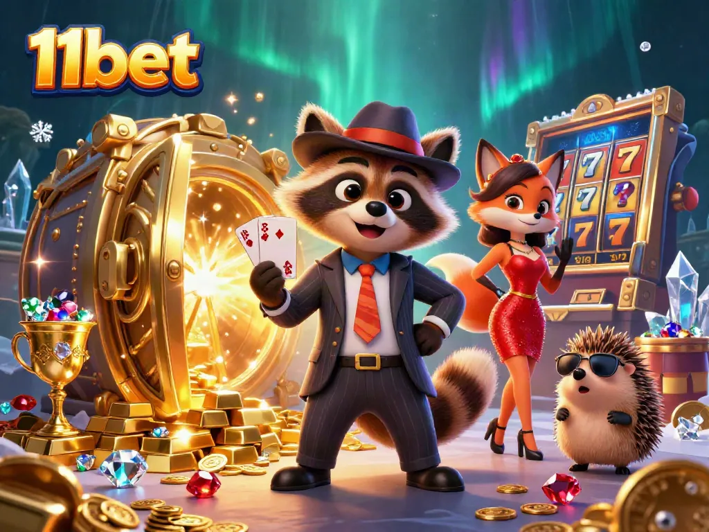 11bet provides an exciting scene with a raccoon in a suit showcasing a royal flush in a vibrant casino atmosphere.
