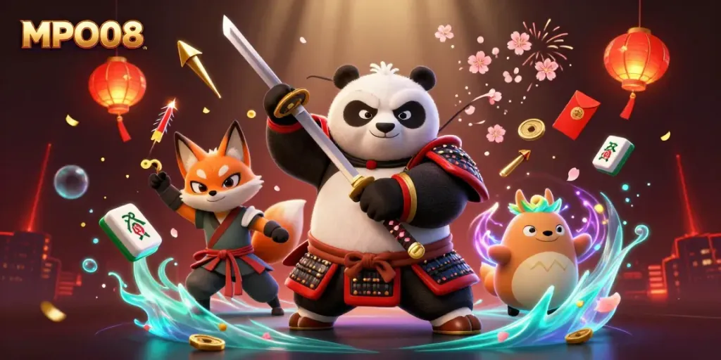 MPO08 promotional scene featuring samurai panda, ninja fox, and spirit tanuki in an engaging casino environment.