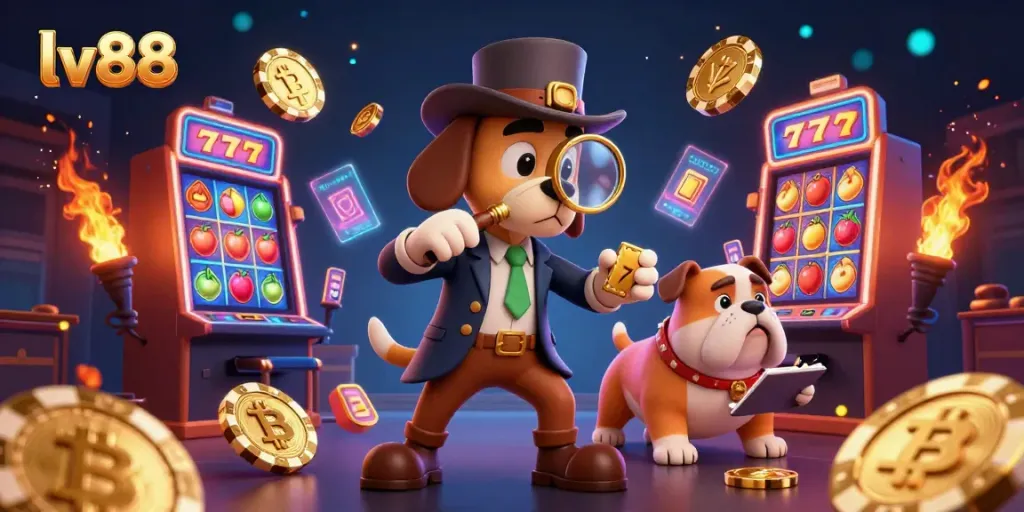 Spin and win at lv88 with a detective and his trusty bulldog searching for poker chips and treasures.