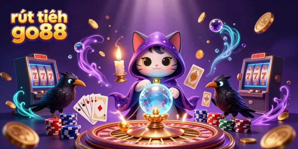 Engage in thrilling gameplay with rút tiền go88, highlighted by a mystical cat and a tarot raven.