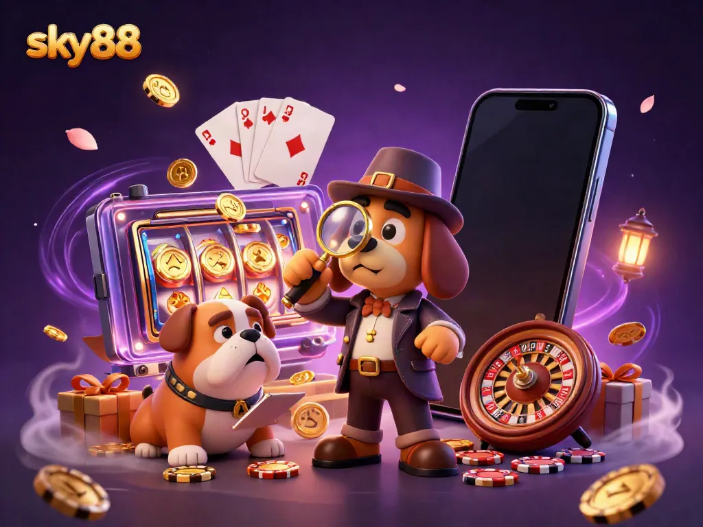 Sky88 provides an exciting gaming experience with a detective dog finding golden poker chips amidst a vibrant casino scene.